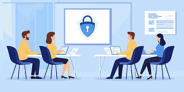 Vector illustration of four people seated at desks with laptops in a training room, watching a presentation screen displayed with a padlock and shield cybersecurity logo.   